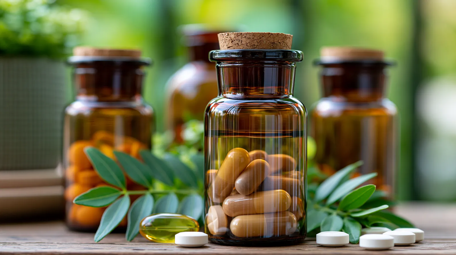 tchitcha. Close up of brown glass supplement bottles with cap 2e1aeab1 813e 42a6 b642 13b542de6596 0 pour naturopathe paris